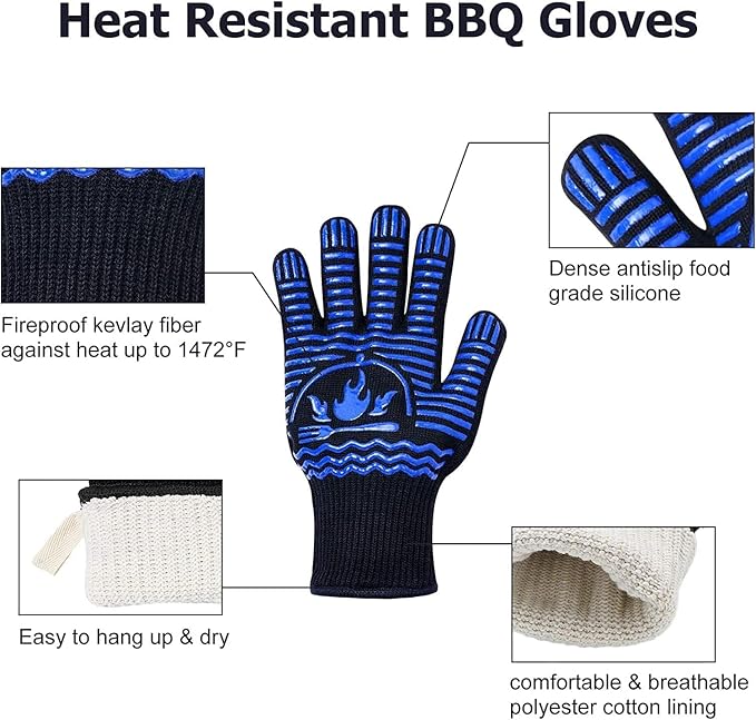 BBQ Gloves, 1472°F Extreme Heat Resistant Grill Gloves, Non-Slip Food Grade Silicone Oven Mitts for Kitchen, Cooking, Barbecue, Baking, Smoker (11inch)