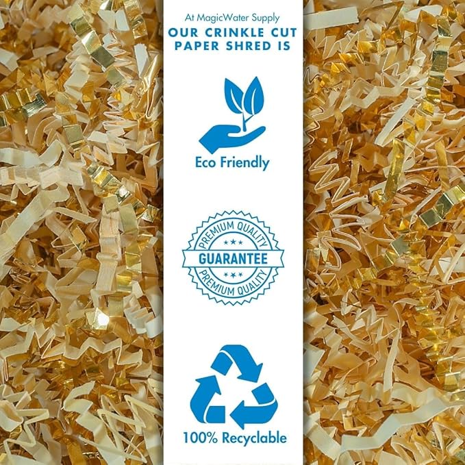 MagicWater Crinkle Cut Paper for Gift Baskets - 2LB - Vanilla & Gold - Perfect for Shredded Paper Filler, Basket Filler, Gift Boxes, Bridesmaid Gifts, Halloween Stuffers & More – For All Occasions