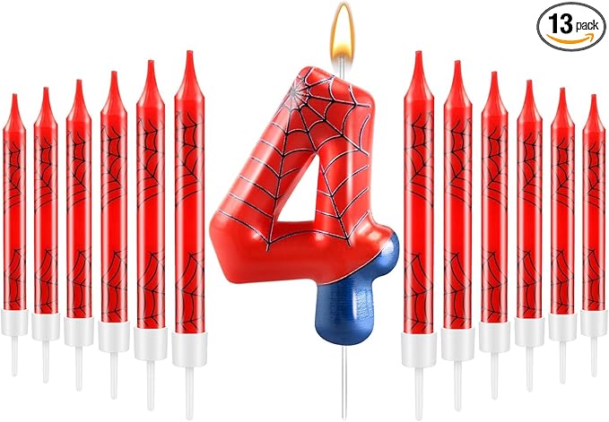 13 Pcs Spider Themed Birthday Candle Set Red Spider Theme Number 4 Candle Cake Topper for Boys Girls Birthday Decoration Spider Party Decoration Supplies (Number 4)