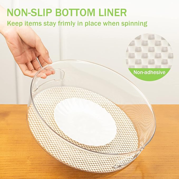4 Pack Lazy Susan Organizer for Cabinet with Handle, 12“ inch Clear Spinning Storage Lazy Susan Turntable for Pantry, Kitchen Sink, Fridge, Bathroom, Countertop, Non-Skid Liners Included, Round