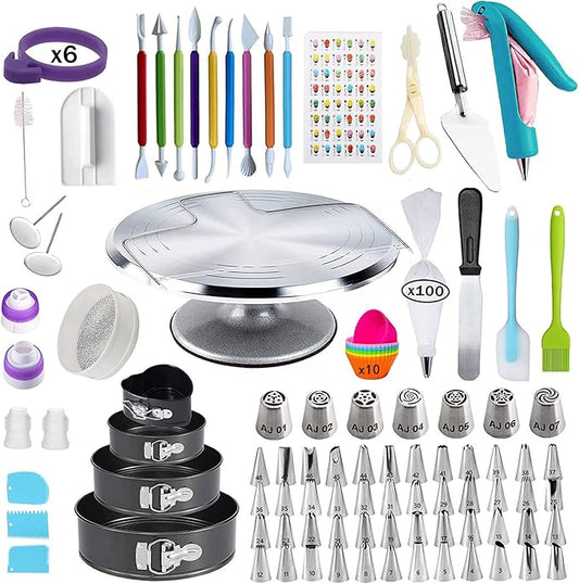 204 PCS Cake Decorating Kit, Aluminum Rotating Turntable Stand, Baking Supplies Kit Set with 4 Springform Pan Sets, 55 Icing Piping Nozzles, Cake Topper, Icing Spatula, Scraper, Pro Baking Tools