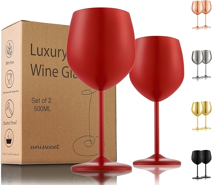 Stainless Steel Wine Glasses Set of 2, 18 oz Unbreakable Red Wine Glass Unique Metal Wine Goblets for Outdoor Capming and Pool Gift for Wine Lovers