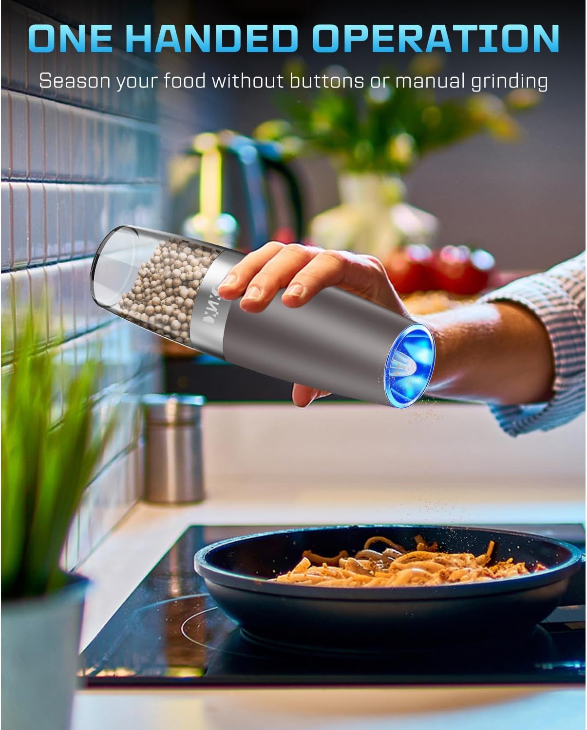 XinXu Gravity Electric Pepper and Salt Grinder Set, Adjustable Coarseness, with LED Light, One Hand Automatic Operation (Set/Brown L)