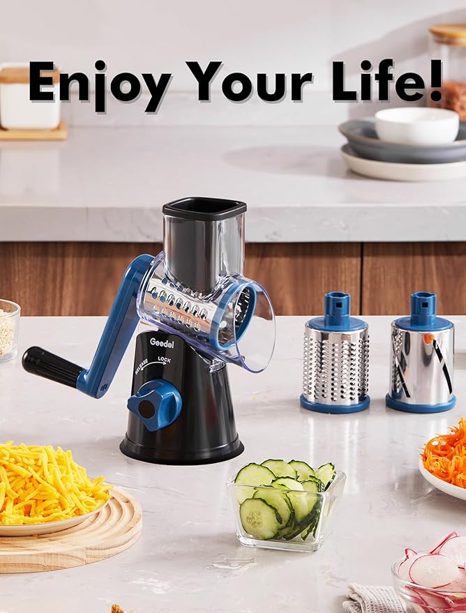 Geedel Rotary Cheese Grater, Kitchen Mandoline Vegetable Slicer with 3 Interchangeable Blades, Easy to Clean Rotary Grater Slicer for Fruit, Vegetables, Nuts