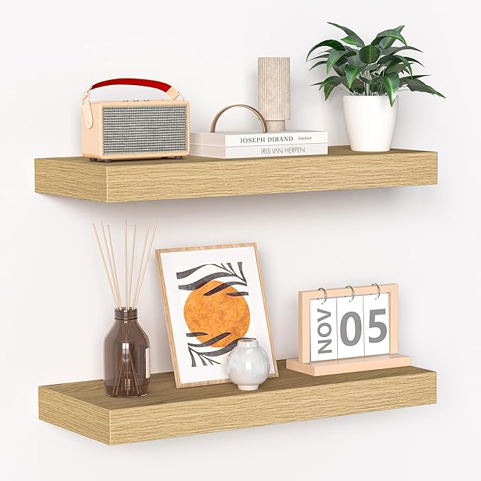Fun Memories Floating Shelves - 16 Inch Wall Shelf for Decor & Storage - Wall Mounted Display Shelving with Invisible Heavy Duty Metal Bracket 2Pack, Oak