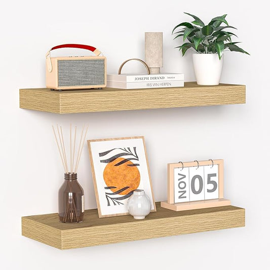 Fun Memories Floating Shelves - 16 Inch Wall Shelf for Decor & Storage - Wall Mounted Display Shelving with Invisible Heavy Duty Metal Bracket 2Pack, Oak