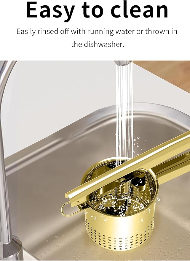 Large 15oz Potato Ricer Masher, Heavy Duty Stainless Steel Potato Masher with Ergonomic Handle, Masher and Ricer Kitchen Tool for Mashed Potatoes, Noodle Maker, Gold