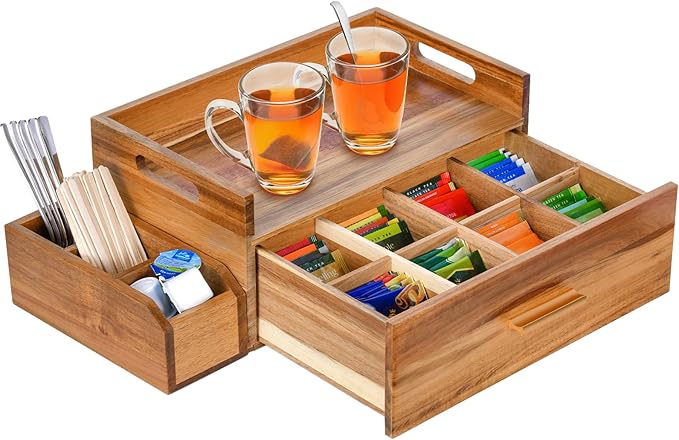 Acacia Wood Tea Bag Organizer, Wooden Tea Bag Storage Box Holder with Drawer for Kitchen Office Tea Bar Countertop