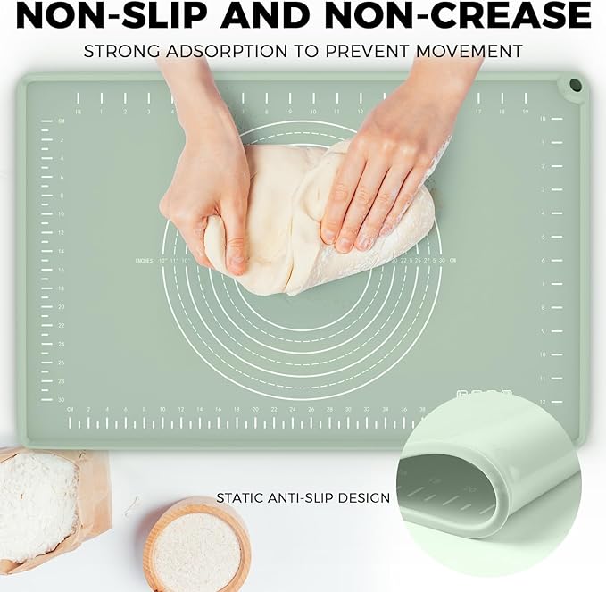 Silicone Baking Mat 24" x 16", Extra Thick Dough Rolling Mat with Measurements and Edge Heightening, Non-stick Food Grade Silicone Pastry Mat for for Pastry, Bread, Cookies, Pizza, Fondant, Pasta