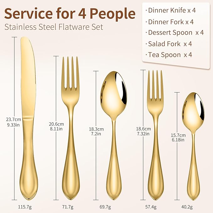 20-Pieces 18/10 Stainless Steel Silverware Set, Gold Stainless Steel Flatware for 4, Heavy Duty Silverware, Dishwasher Safe, Ideal for Gift