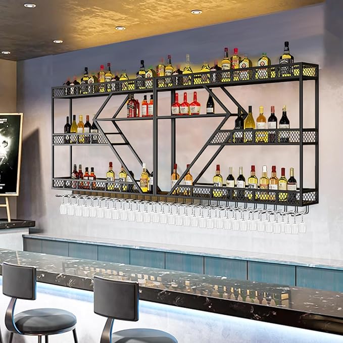 Metal Wine Rack Wall Mounted, Modern Wine Storage Rack Wall Mounted with Wine Glass Holder, Liquor Shelf, Bar Shelves for Liquor Bottles (3TIERS Gold, 78.7 * 7.87 * 33.85INCH)