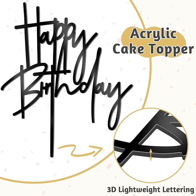 1 PCS Black Happy Birthday Cake Topper, 5.3 Inch x 7.2 Inch Acrylic Cake Topper Happy Birthday Cake Sign, Birthday Cake Decorations for Party Dessert, and Anniversary Supplies