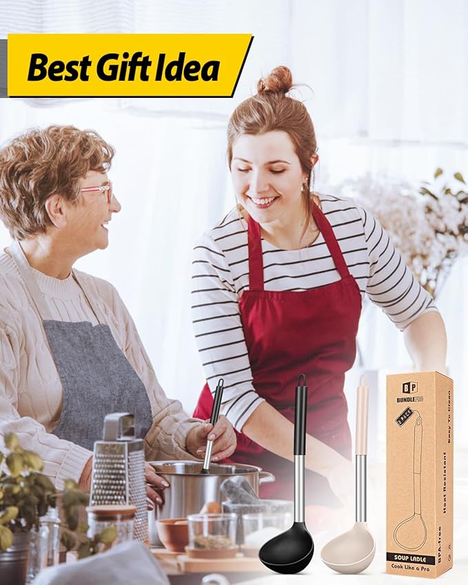 Pack of 2 Ladle Spoon,Silicone Large Spoon for Soup,Non Stick Kitchen Utensils with High Heat Resistant,BPA Free Perfect Kitchen Tools for Cooking, Stirring,Serving Soups (BLACK-KHAKI)