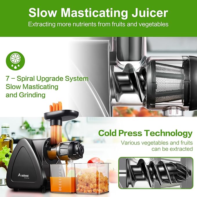Juicer Machine, Aobosi Slow Masticating Juicers, Cold Press Juicer Machines with Reverse Function, Quiet Motor, High Juice Yield with Juice Jug & Brush for Cleaning (Matte Black)