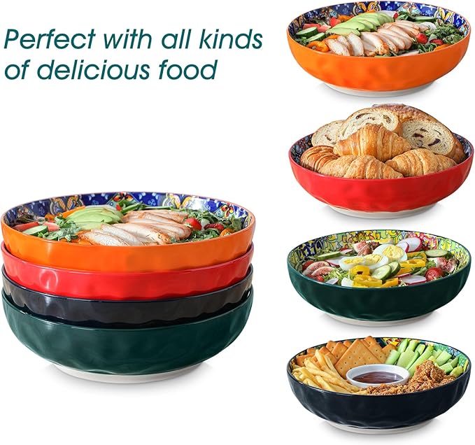 vancasso Large Serving Bowls, 78 Oz Extra Large Salad Bowls Set of 2, Bohemian Decorative Bowls for Salad, Fruit, Pasta and Dinner, Serving Dishes Set for Party, Dishwasher & Microwave Safe－Red