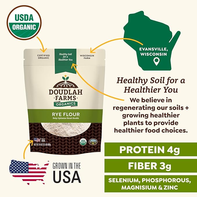 Organic Rye Flour 25 lb Bulk - Non-GMO, USDA Organic, Low Gluten, Vegan, For Baking, Cooking, Supports Heart Health & Digestion - USA Grown by Doudlah Farms