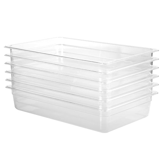 6-Pack 1/1 Size Food Pan 4 Inch Deep BPA Free Polycarbonate Food Storage Containers for Busy Kitchen Stackable Clear Hotel Pan for Buffet Party Supplies Dishwasher Safe