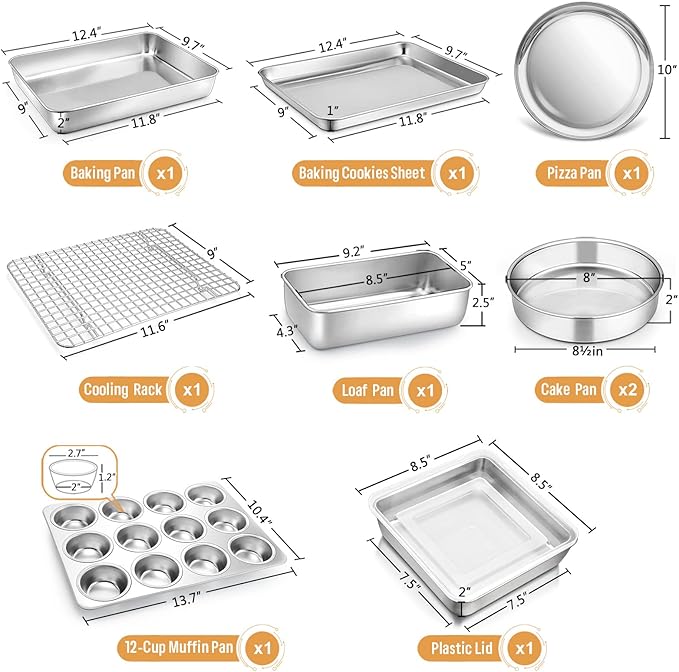 E-far 10-Piece Baking Pans set, Stainless Steel Bakeware Set for Oven, Include Cake Pan/Baking Cookie Sheet/Pizza/Muffin/Loaf Pan, Non-Toxic & Heavy Duty, Dishwasher Safe