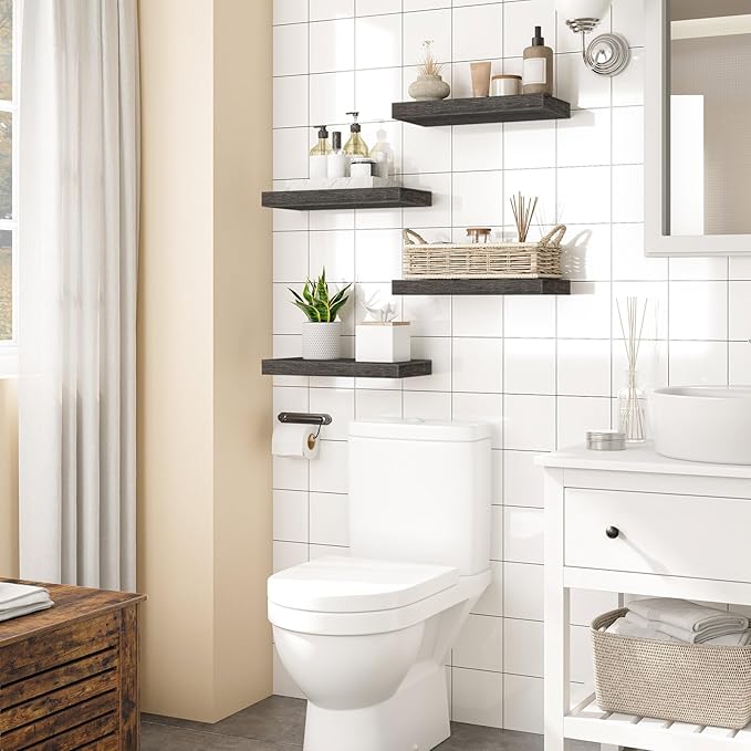 HOOBRO Floating Shelves for Wall, Wall Mounted Shelf Set of 2, 15.7" Hanging Shelf with Invisible Brackets, for Wall in Bathroom, Bedroom, Toilet, Kitchen, Living Room, Office, Charcoal Gray BC40BJ01