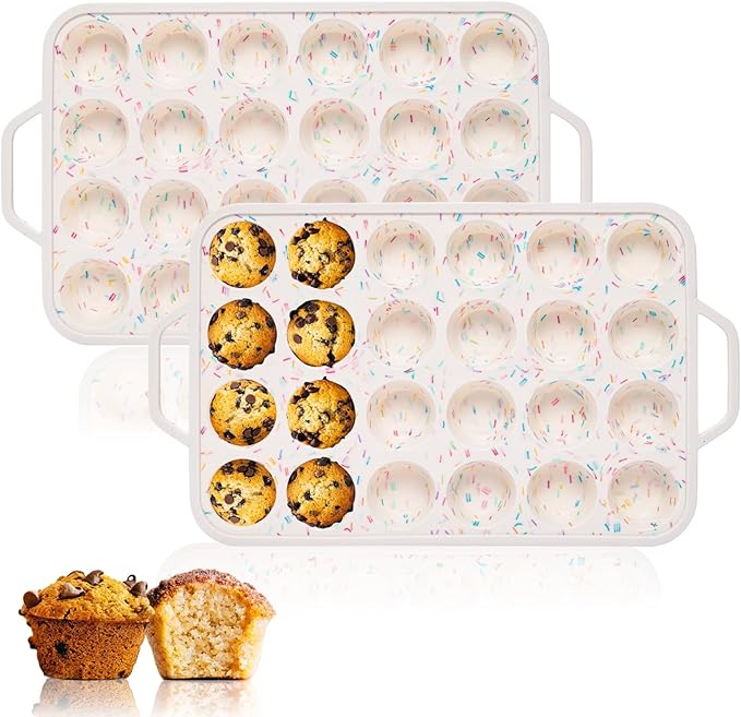 Silicone Mini Muffin Pan, 24 Cups Muffin Tin Baking Mold With Reinforced Stainless Steel Frame Inside, Nonstick Bakeware Cupcake Pan BPA Free, 2PCS