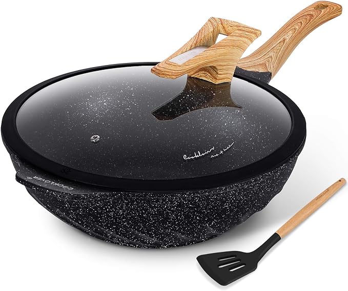 COOKLOVER Nonstick Woks And Stir Fry Pans Die-cast Aluminum Scratch Resistant 100% PFOA Free Induction Wok pan with Lid 12.6 Inch - Black