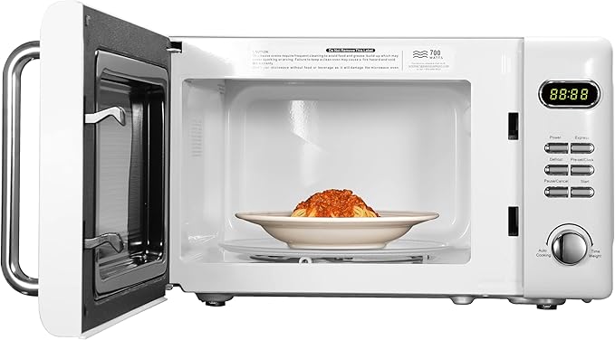 Emerson MWR7020W Compact Countertop Microwave Oven with Button Control, LED Display, 700W 5 Power Levels, 8 Auto Menus, Glass Turntable and Child Safe Lock, 0.7, Retro White