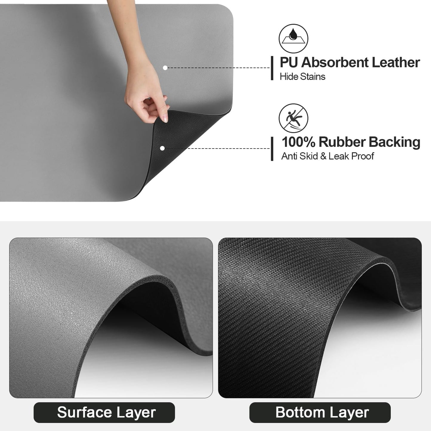 Dish Drying Mat for Kitchen Counter | Coffee Bar Mat for Countertops | Heat Resistant Drainer Mat with Non-slip Rubber Backed | Hide Stain Kitchen Absorbent Draining Mat | Grey 18"x32"