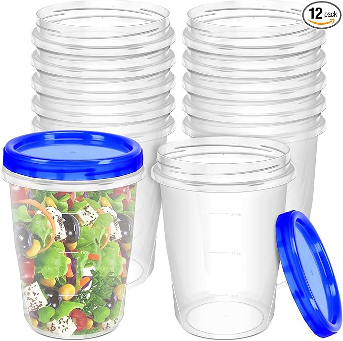 12 Pack Freezer Containers with Screw On Lids, 32 Oz Stackable Reusable Plastic Storage Container, Airtight Plastic Food Storage Containers with Twist Top Lids for Food Soup Jello Sauce