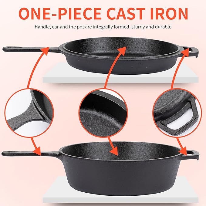 Overmont Cast Iron Dutch Oven with dual use Skillet lid for Oven, Induction, Electric, Grill, Stovetop, (3.2QT Pot, 10.5 inches)