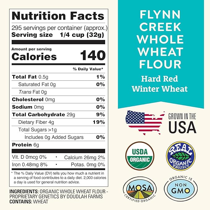 Organic Whole Wheat Flour 25 lb - Non-GMO, Pesticide-Free, Regenerative Organic Certified for Baking Bread, Pizza, Pasta, & More by Doudlah Farms