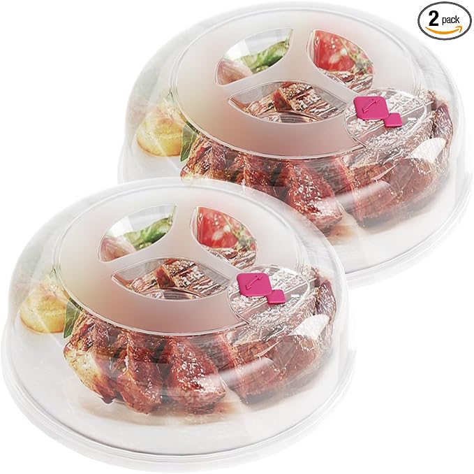 Microwave Splatter Cover 12 Inch Large Plate Cover for Microwave Oven 2 in 1 Food Grade Plastic with Silicone Air Vent Tall Lid BPA Free 2 Pack Clear