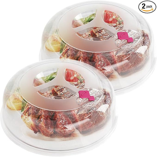 Microwave Splatter Cover 12 Inch Large Plate Cover for Microwave Oven 2 in 1 Food Grade Plastic with Silicone Air Vent Tall Lid BPA Free 2 Pack Clear