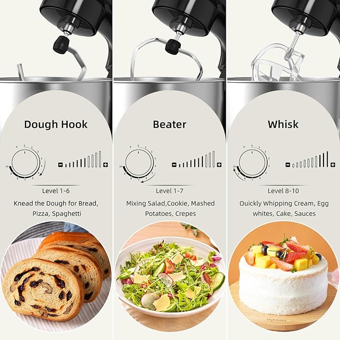 Electric Stand Mixer,10 Speeds Tilt-Head Food Mixer, 3-IN-1 Kitchen Mixer for Daily Cooks with 6 QT Bowl,Dough Hook, Beater, Whisk (Onyx Black)