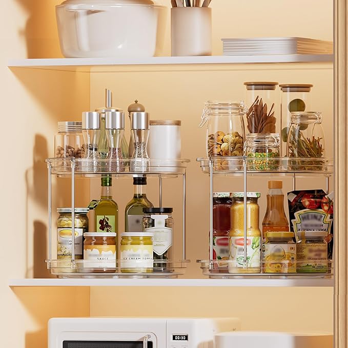 LAMU 2 Pack 10.6'' 2-Tier Lazy Susan Turntable Organizer Rotating Spice Rack Organization for Cabinet, Kitchen, Pantry, Countertop, Bathroom, Vanity, Makeup Organizer, Clear