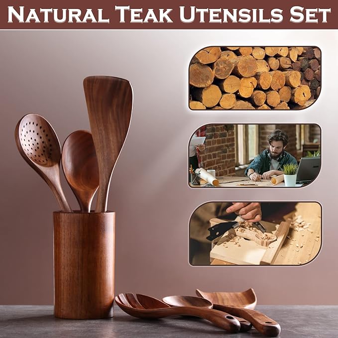 Wooden Spoons for Cooking, 6 Pcs Wooden Utensils for Cooking, Natural Teak Wood Non-Stick Cooking Spoons, Wood Utensils Set for Kitchen