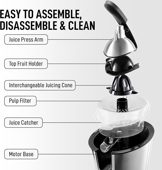 Zulay Electric Citrus Juicer - Makes Fresh Orange, Lemon, Grapefuit, Lime - Stainless Steel, 160W Quiet Powerful Motor, Interchangeable Cones - Filters Out Seeds & Pulp - Dishwasher-Safe Parts - Black