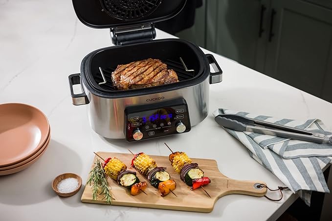 CUCKOO CAFG-A0601S Countertop Air Grill | Air Grill, Air Fry, Roast, Bake & Broil, Easy to Clean, Dishwasher Safe Accessories, Recipe Book Included, Stainless Steel