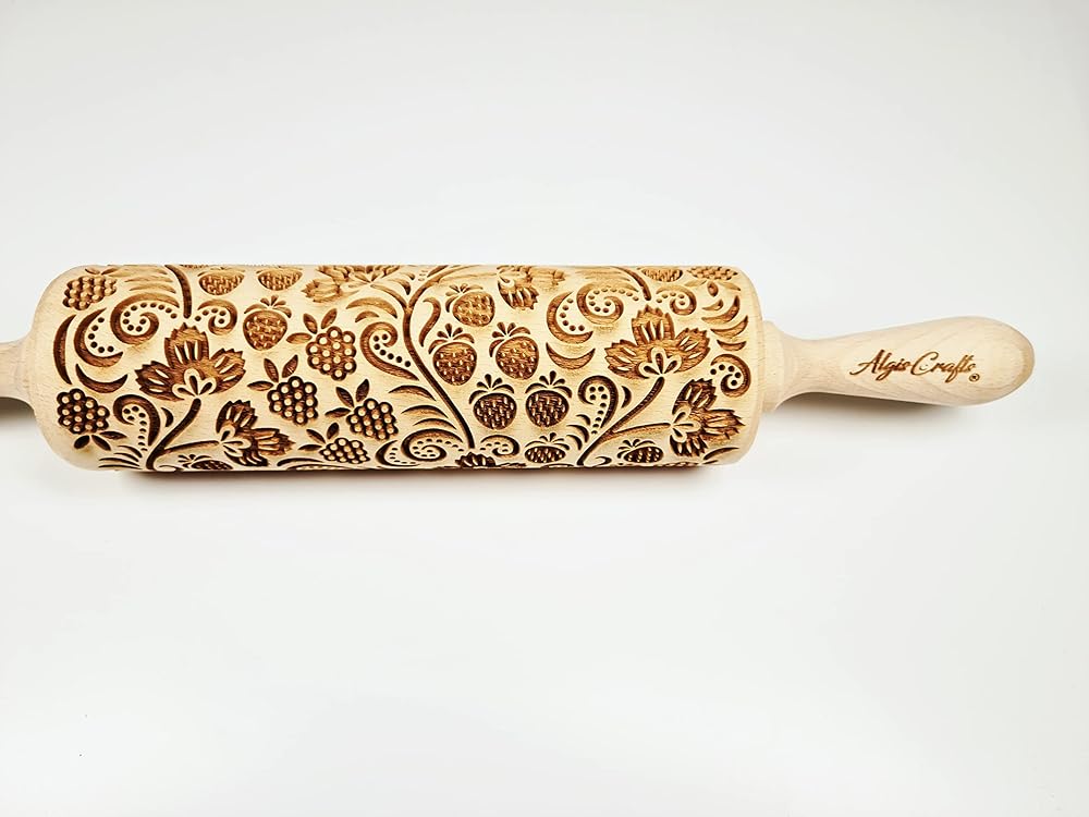 STRAWBERRY embossing rolling pin. Engraved wooden embossed dough roller for embossed cookies or clay by Algis Crafts