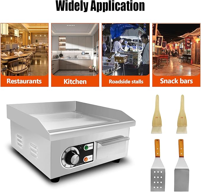 14" Commercial Electric Griddle,Electric Countertop Flat Top Griddle,110V 1500W Electric Flat Top Grill,Non-Stick Restaurant Teppanyaki Stainless Steel Grill,Adjustable Temperature Control