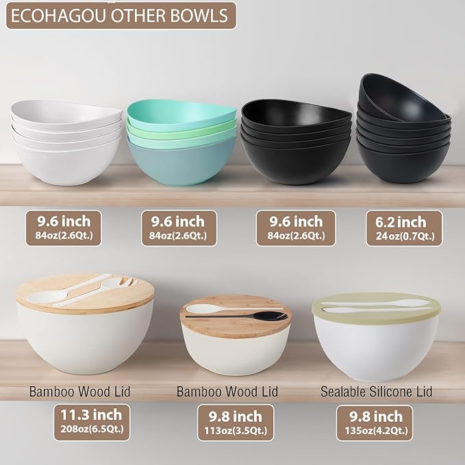 10" Large Salad Serving Bowl with Utensils in Lid, Bamboo Fiber Salad Bowl with Lid, Mixing Bowl with Servers set for Pasta,Fruit,Veggies,Popcorn to Replace Wooden Bowls - Matte Black