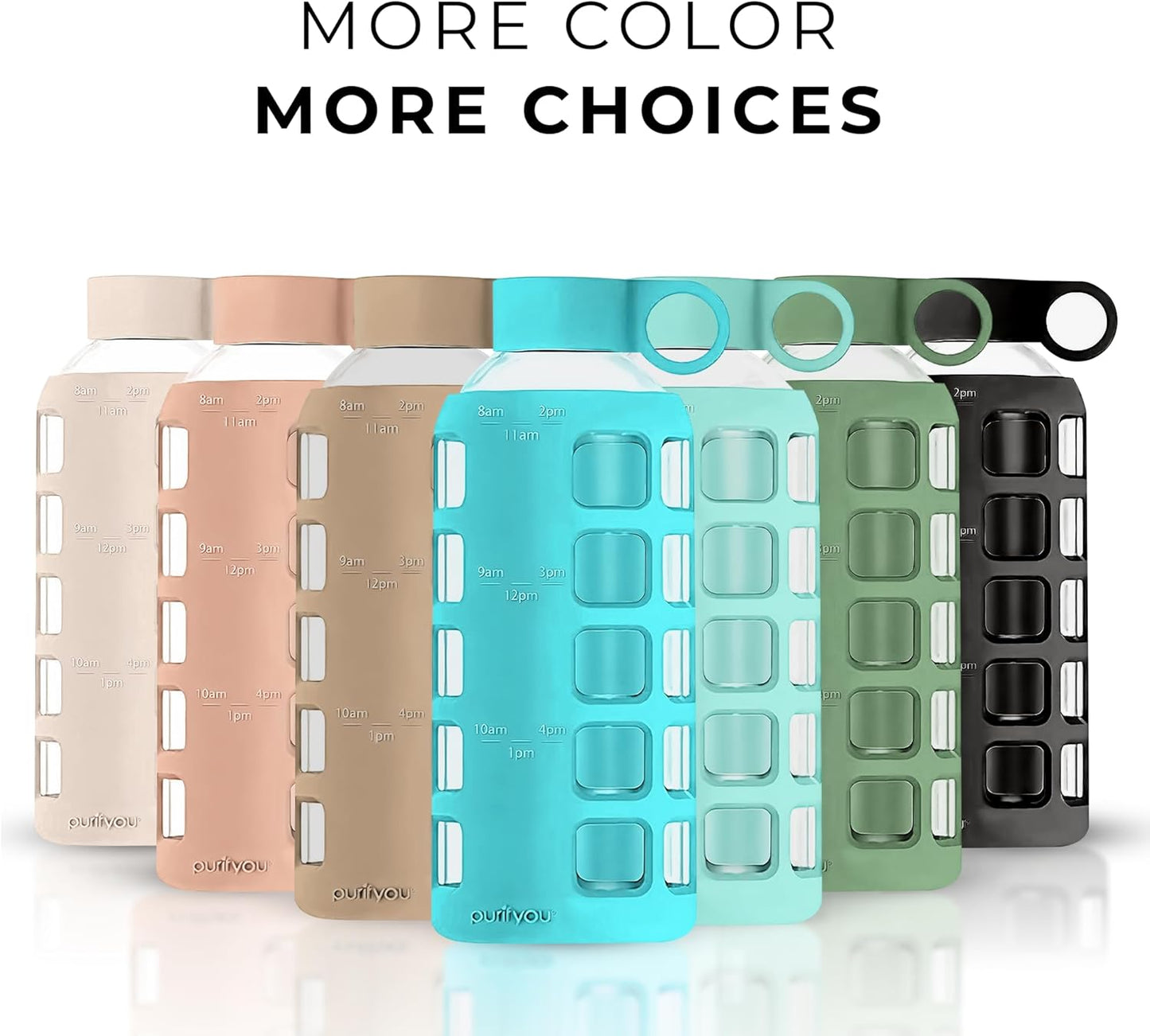 purifyou 40oz / 32oz / 22oz / 12oz Borosilicate Glass Water Bottle with Time & Volume Markers, Silicone Sleeve, Stainless Steel Lid – Reusable Glass Bottle for Water & Juice (22oz Aqua Blue)