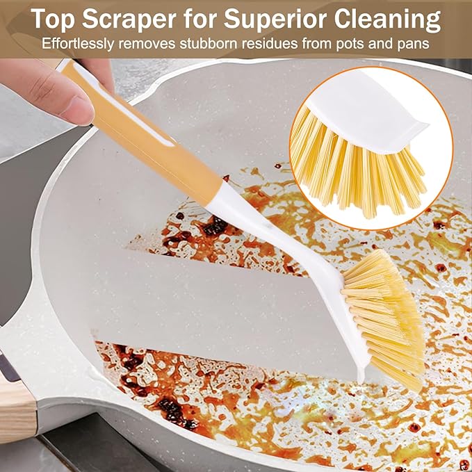 Dish Brush with Detachable Small Steel Wire Brush and Pan Scraper, Home Kitchen Scrub Brushes with Long Handle for Household Cleaning Dishes, Pots, Stovetop, Grill, Sink Scrubber (2-Pack)