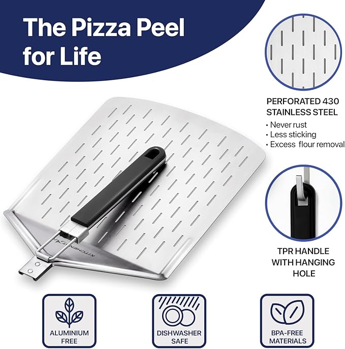 KitchenStar Perforated Pizza Peel 12 inch with 10 inch Folding Handle, Medium - Stainless Steel Spatula Paddle for Effortless Pizza Transfer & Easy Storrage - Outdoor Pizza Oven Accessories