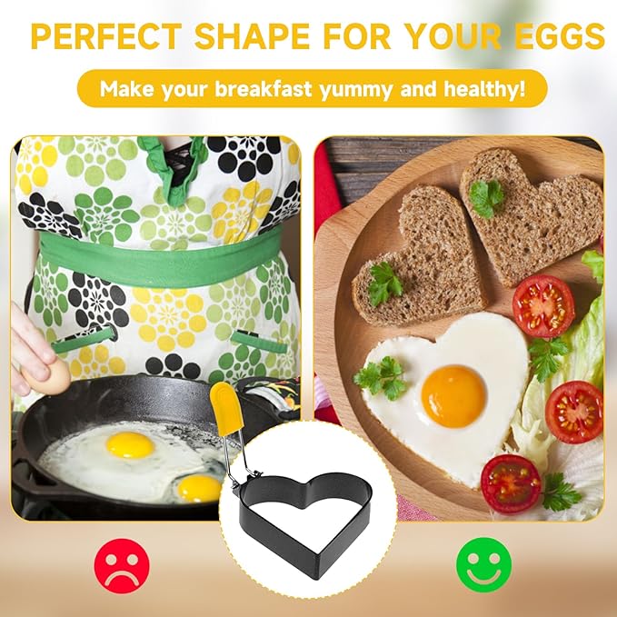 Egg Ring for Frying Eggs and English Muffin - Round Egg Shaper Mold with Anti-scald Handle - Stainless Steel Non-stick Egg Cooker Ring (Heart Shaped -2 Pack)