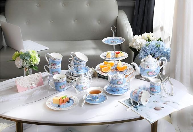 London Boutique Porcelain Teapot Sugar Bowl and Cream Milk Jug Shabby Chic Vintage Floral in Gift box 40oz (Teapot Rose Blue)