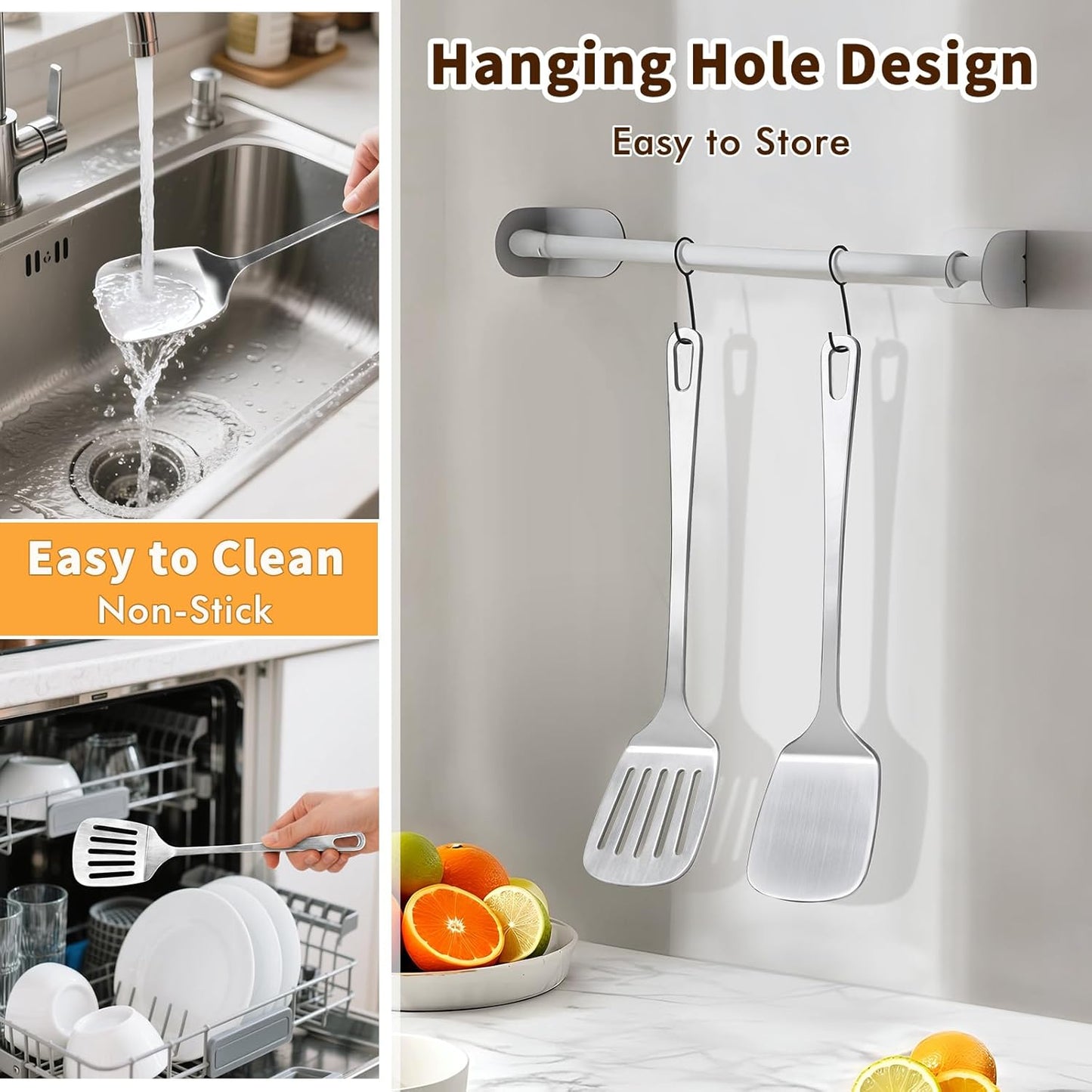 Stainless Steel Spatula, Metal Spatula Solid Turner, Heavy Duty Sturdy Spatulas for Kitchen Use, High Heat Resistant Cooking Utensils for Fish Eggs Pancakes, Dishwasher Safe, Easy to Clean, Silver