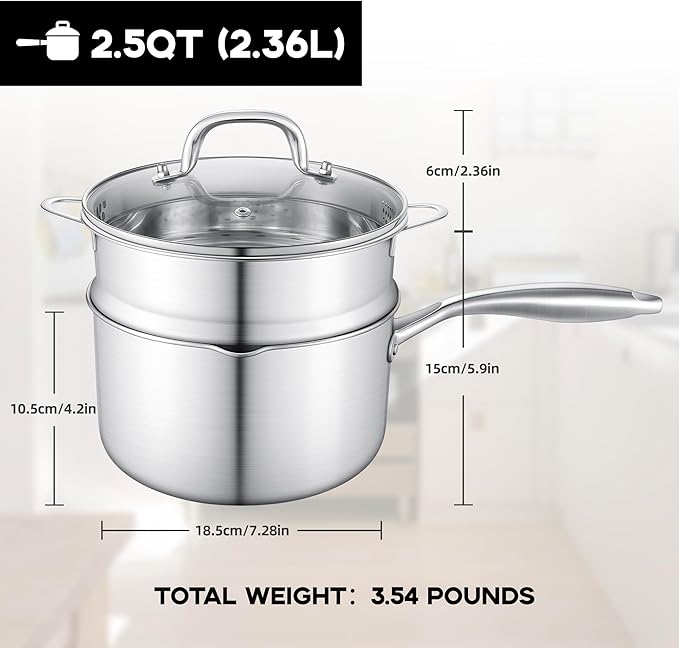 Leetaltree 2.5 Quart Stainless Steel Saucepan with Steamer Basket, Tri-ply Construction, Versatile Sauce Pan with Double-sized Drainage Lid - Perfect for Cooking Gravies, Pasta, Vegetable and More