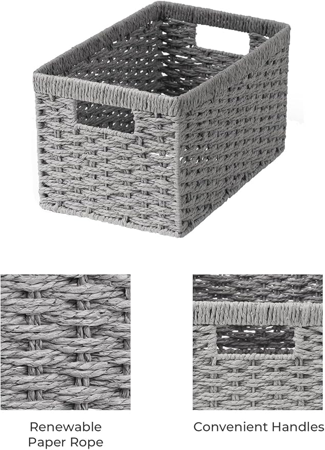 StorageWorks Round Paper Rope Storage Baskets, Rectangular Wicker Baskets with Built-in Handles, Gray, 2-Pack