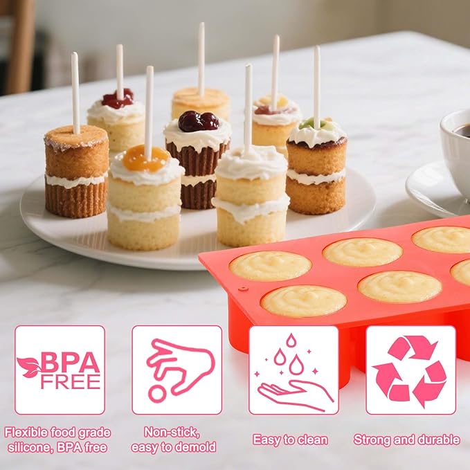 Juome Circle Cake Pop Mold Kit, 8 Cavities Cakesicle Molds Silicone with 100 Sticks & 100 Packaging Bags, Round Cake Pop Maker Supplies Accessories, Baking Tools for Home Baking Desserts
