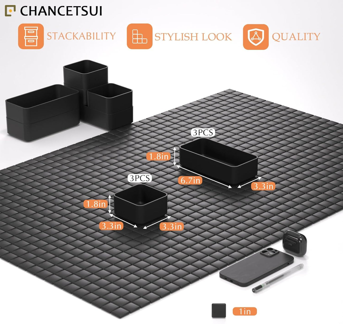 6 Pcs Stackable Drawer Organizer Set Desk Drawer Dividers, Bathroom Vanity Cosmetic Makeup Trays , Multipurpose Plastic Storage Bins for Jewelries, Kitchen Gadgets and Office Accessories, Black